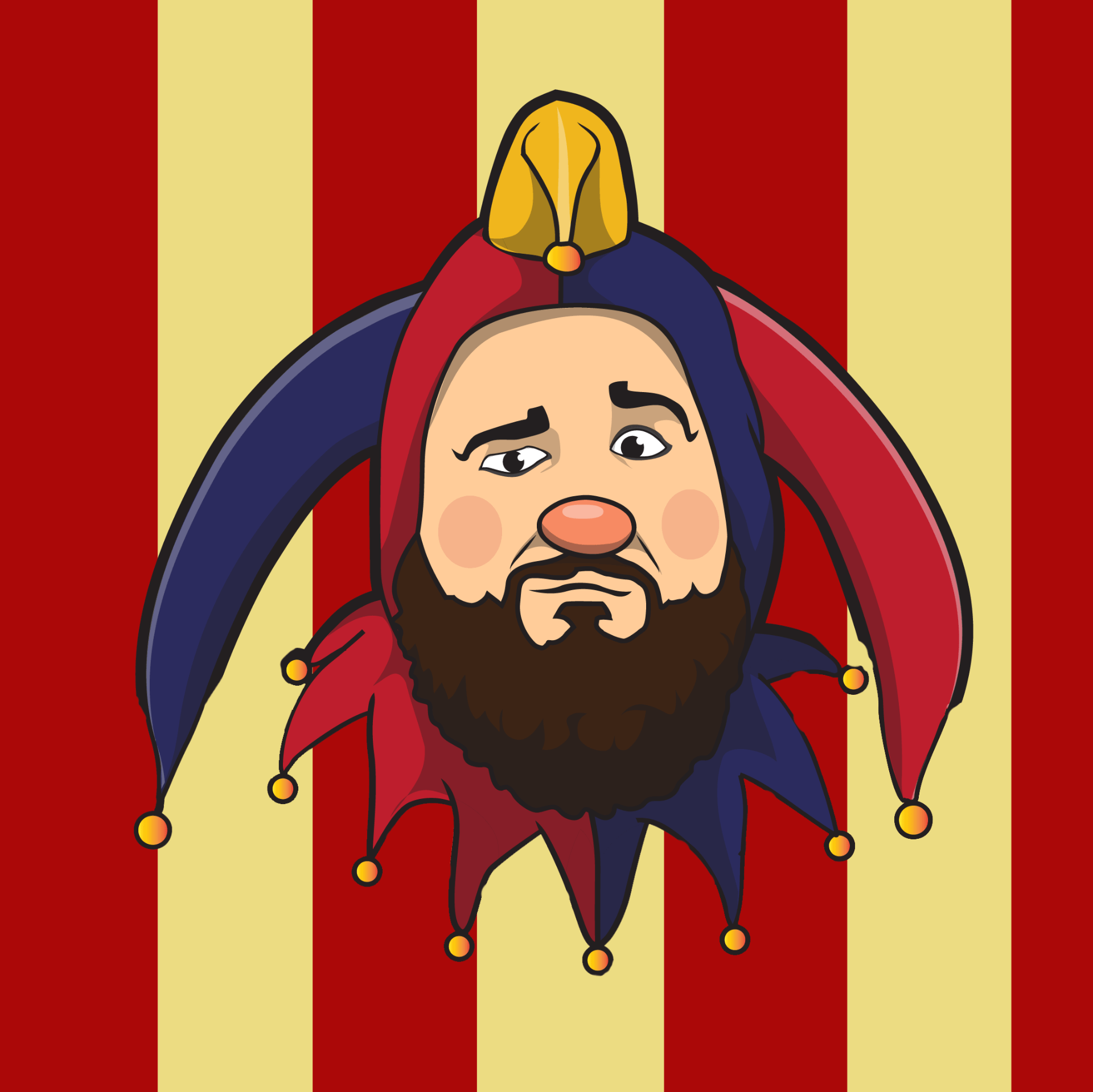 Quibbleflop cartoon avatar on red and yellow stripes
